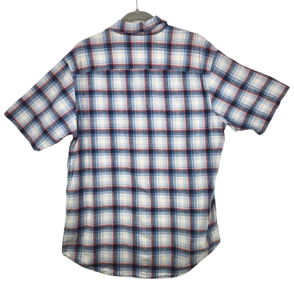 Timberland Linen‎ Blend Shirt Men's Large Blue Plaid Short Sleeve Button Front - Picture 2 of 8